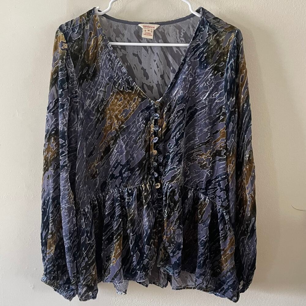 Sundance Velvet Riches Burnout Blouse M Silk Blend Peplum Button Front Boho
